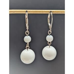 White Glass Silver Tone Lever Back Bauble Dangle Earrings